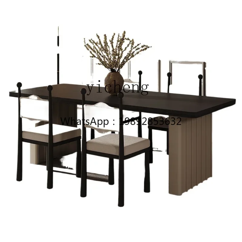 

DF dining table rectangular living room wood grain rock slab household small apartment dining table and chair combination