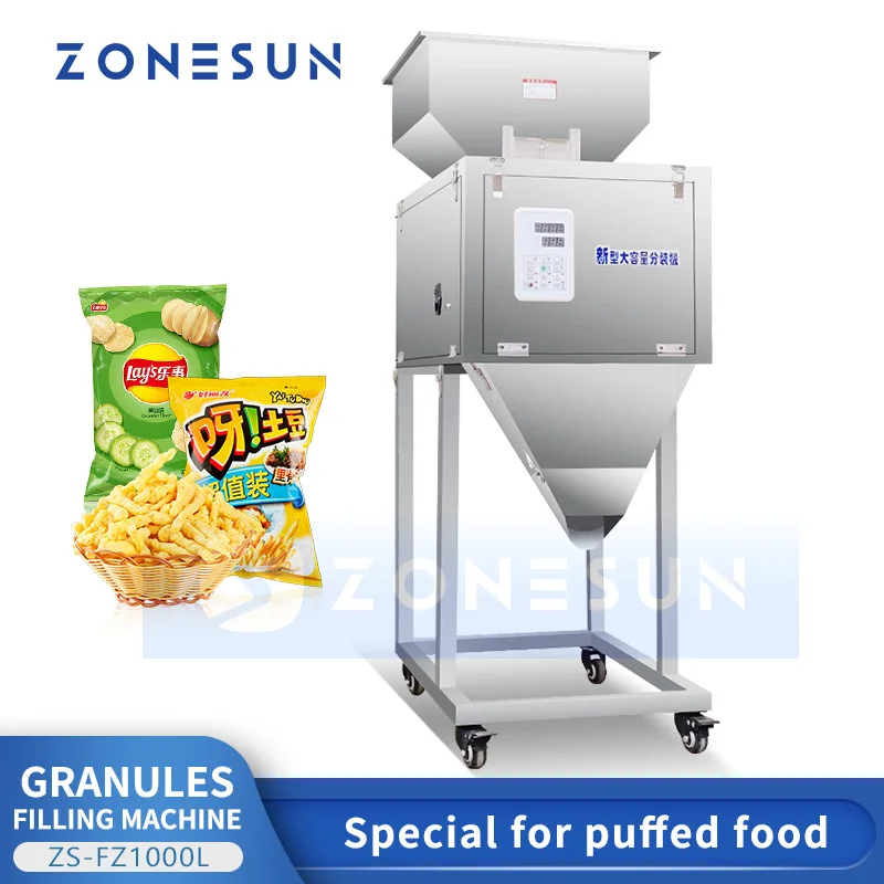 

ZONESUN Potato Chips Packing Machine Digital Control Particle Filler Cheeze Puffs Snacks Packaging Weigher Equipment ZS-FZ1000L