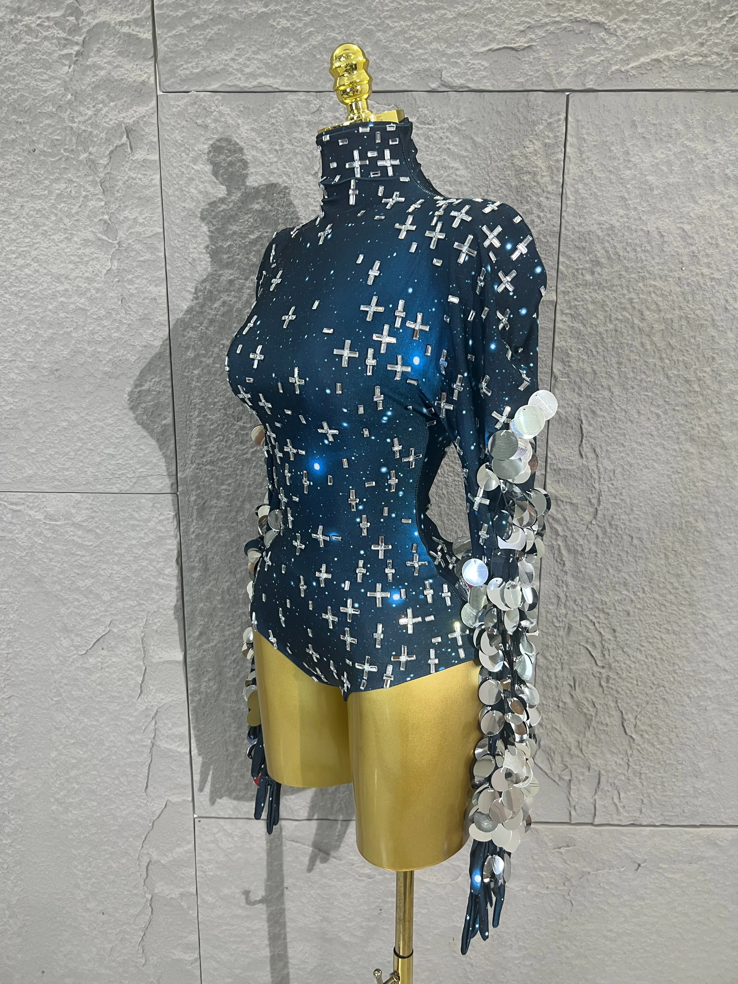 Luxurious Dark Blue Starry Sky Sparkly Bodysuit Long Sleeve Large Holographic Sequins ArmTassel Concert Show Dancer Stage Wear
