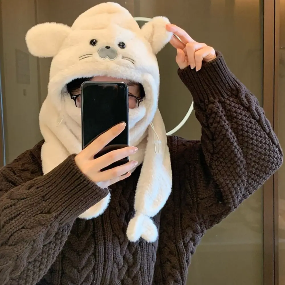 Fashion Fleece Seal Plush Hooded Scarf Cute Solid Color Earflap Hat Thickened Beanie Ear Protection Hat Streetwear
