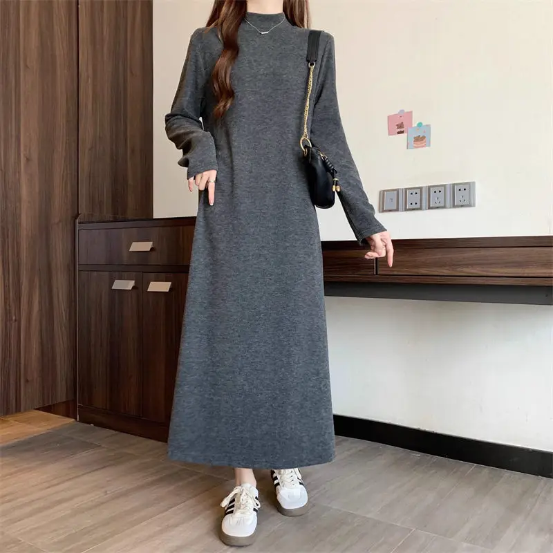 Large Size Solid Color Half High Long Sleeved Knitted Dress 2024 Spring Autumn Women\'s New Lazy Style Loose Sweater Dress Z4479