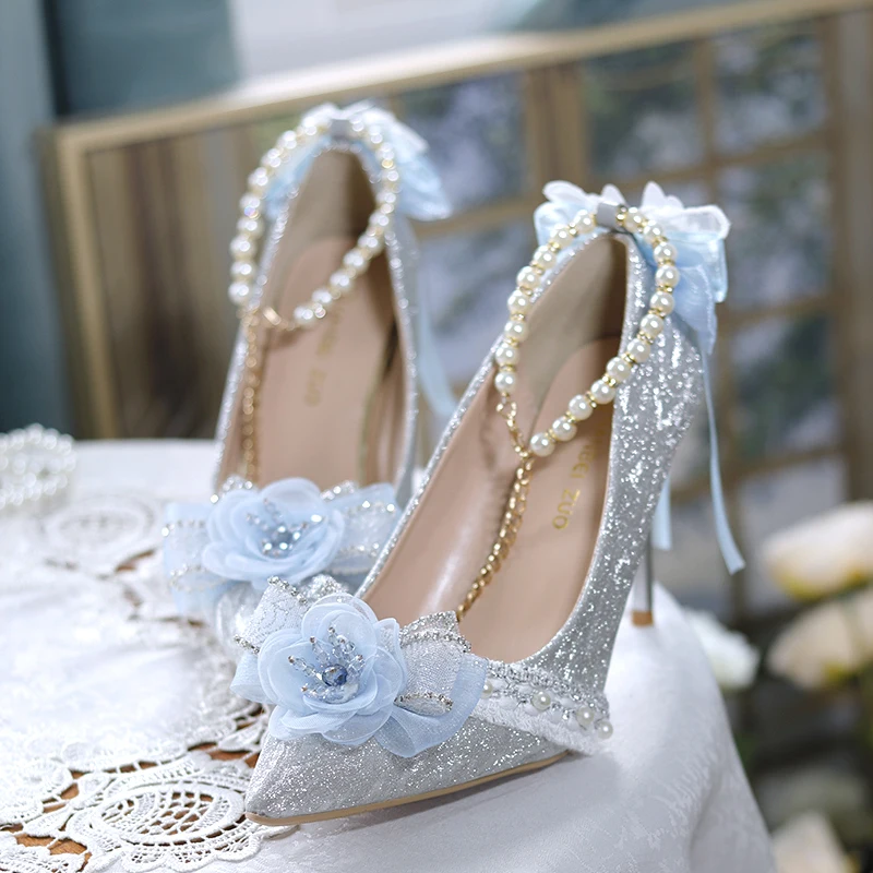 Kawaii Romantic Lolita Shoes Pointed Toe High Heels 8cm Vintage Feminine Flower Wedding Women Sandals