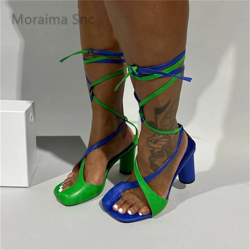 

Tabi Toe Round Heels Sandals for Women Mixed Colors Leather Ankle Strappy Novelty High Heels Fashion Summer Split Toe Sandals