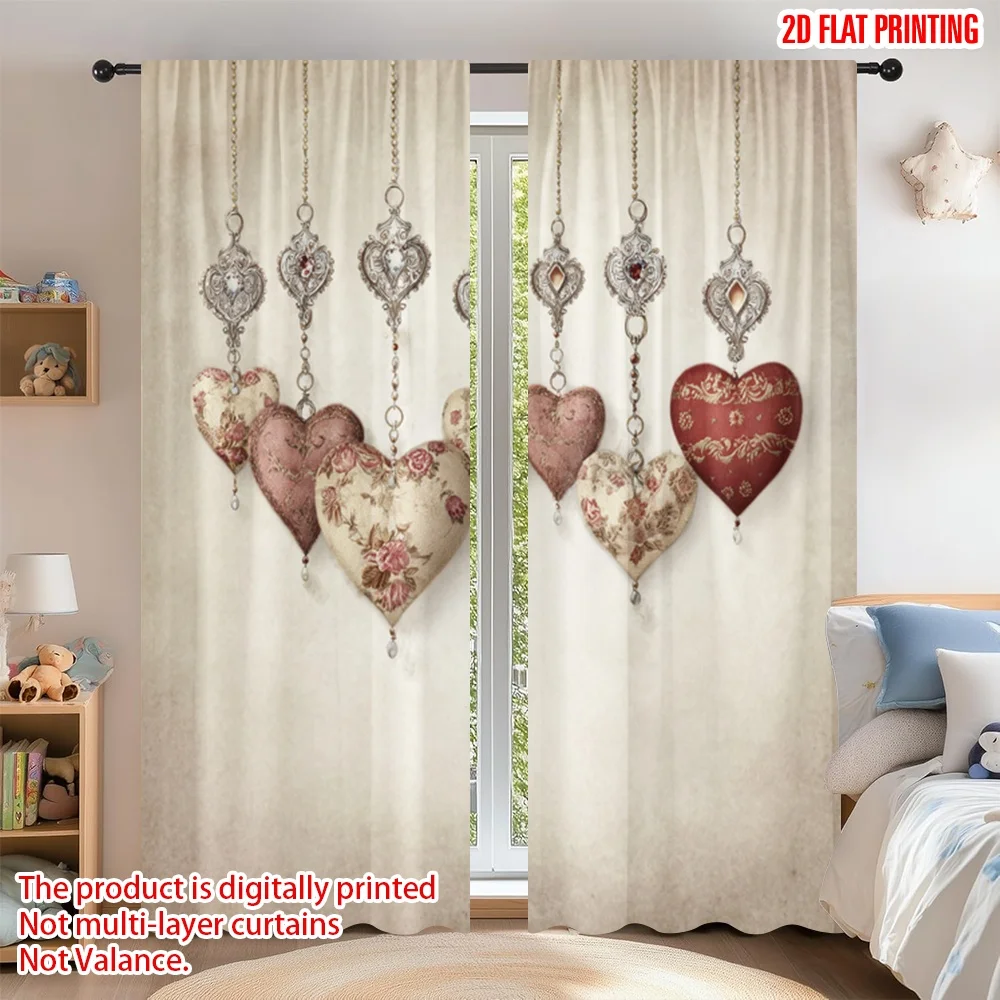 

2D flat printing 2pcs Curtain Window Treatment Curtains Valentine's Hanging Hearts Digital Printed Polyester Drapes Festive