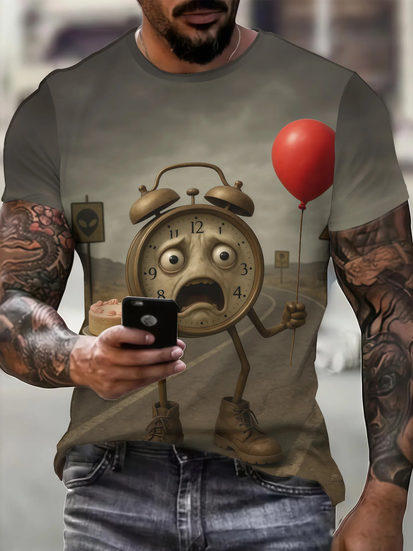 Men's Funny Surreal Alarm Clock Character Print T-Shirt Crew Neck Short Sleeve Casual Graphic Tee Tops