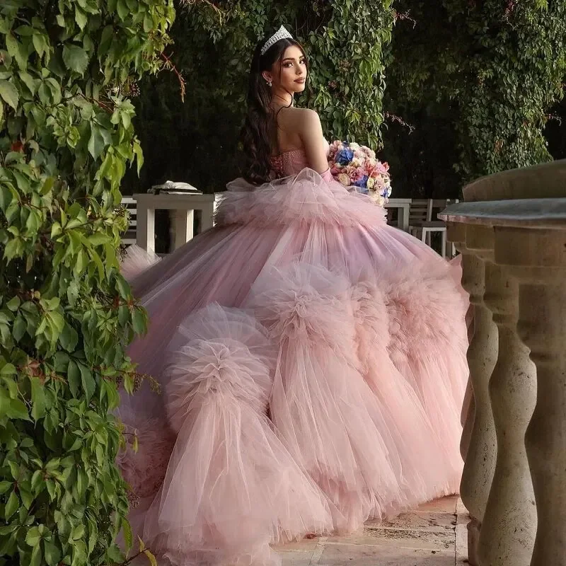 Pink Off The Shoulder Quinceanera Dresses Tulle Tiered Beading Pageant Lace Up Vestidos De 15 Años 2025 Princess Ball Gown