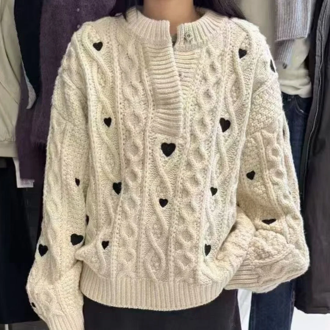 เสื้อสเวตเตอร์ถักไหมพรมปักลาย Thiened Long Sve แบบเปิดไหล่ สไตล์ลำลอง สำหรับผู้หญิง แฟชั่นฤดูใบไม้ร่วงและฤดูหนาว