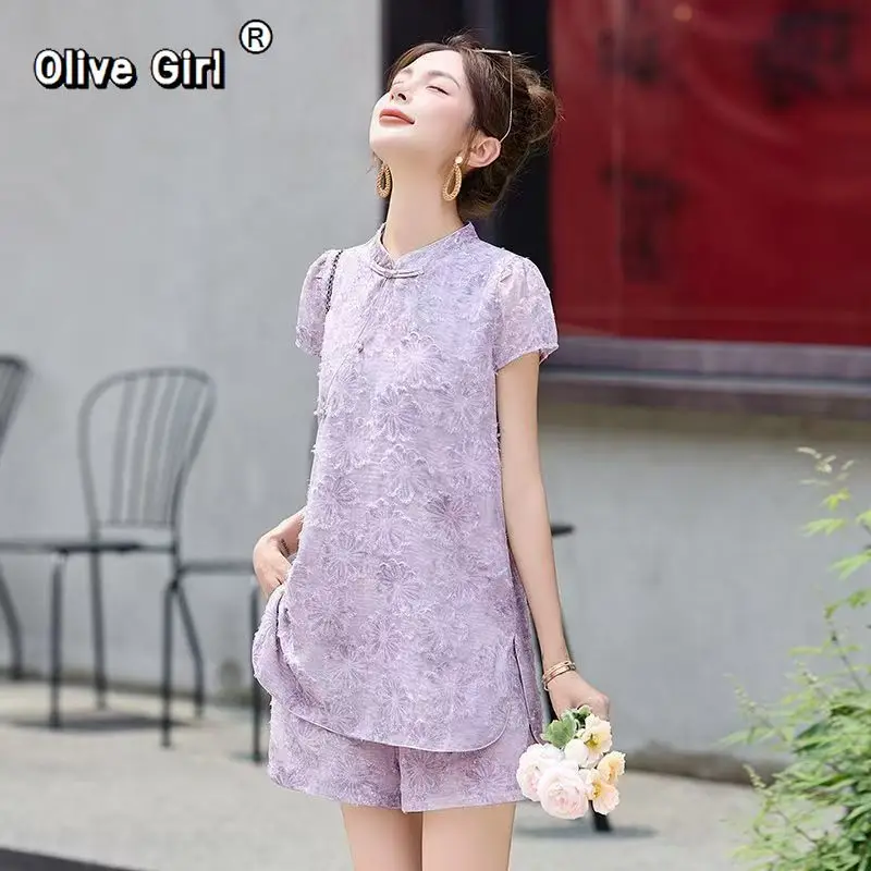 Olivegirl Women's Set Outfits Chinese Style Buckle Jacquard Summer 2026 Jacquard Top and Shorts Elegant Two-piece Set