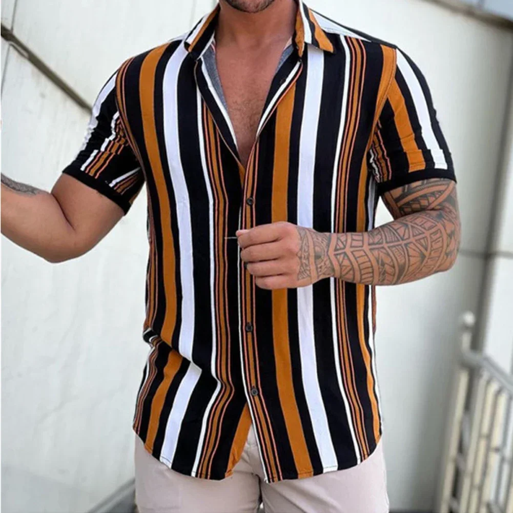 

Men Tops Men Shirt Vacation Daily Holiday Tees Turn-down Stripes Stripes Print Collar Button Blouse Polyester Print