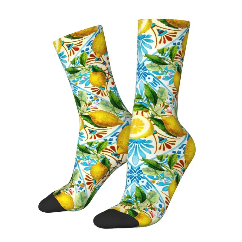 Custom Printing Mediterranean Style Sicilian Tiles Lemons Citrus Socks for Men Women Stretch Summer Autumn Winter Crew Socks