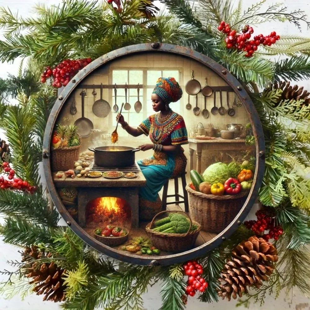 

2D Flat,Vintage African Woman Cooking Metal Wall Art Vibrant for Home Rustic Durable Artwork,Decoration,Authentic Culinary Theme