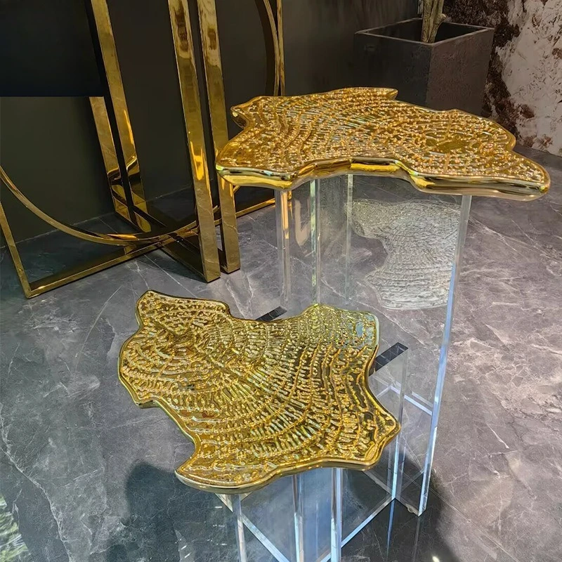 

Light luxury art acrylic brass coffee table villa living room sofa creative side table