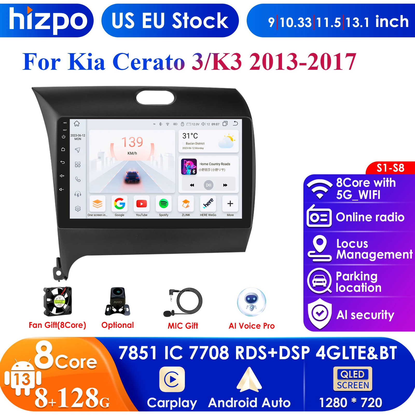 For Kia Cerato 3 K3 Forte 2013 - 2017 Car Radio Multimedia Video Player Navigation GPS Carplay 2 Din 4G Android 13 9