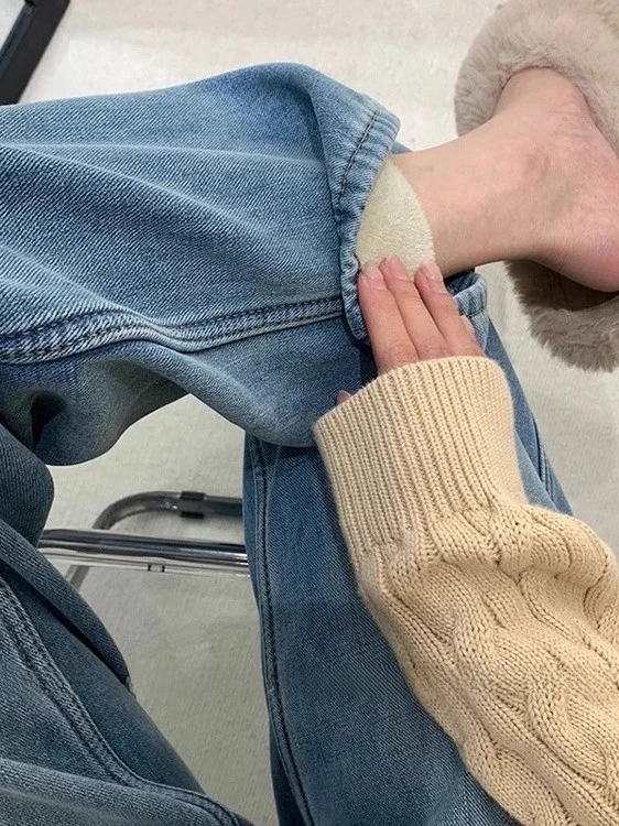 

Ретро джинсы с флисовой подкладкой, прямые, в корейском стиле, повседневные брюки, женские, с высокой талией, на молнии, для ежедневной носки, осенние, кофейного цвета