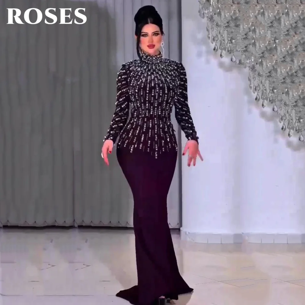 

ROSES Purple Evening Gown High Neck Prom Dress Mermaid Evening Dress Crystal Embellishments Bodice robes de soirée Customized