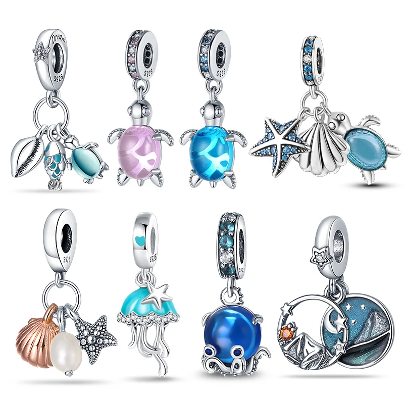 Charms Hot Sale 925 Silver Ocean Series Blue Turtle Crab Charms Beads Fit Original Pandora Women Bracelets Bangles Jewelry Gifts