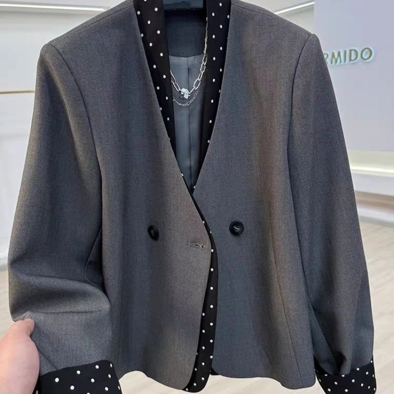 

Chic Elegant Polka Dot Trim Cropped Blazer | Contrast V-Neck Double Breasted Suit Jacket | Office Lady Elegant Blazer Fashion