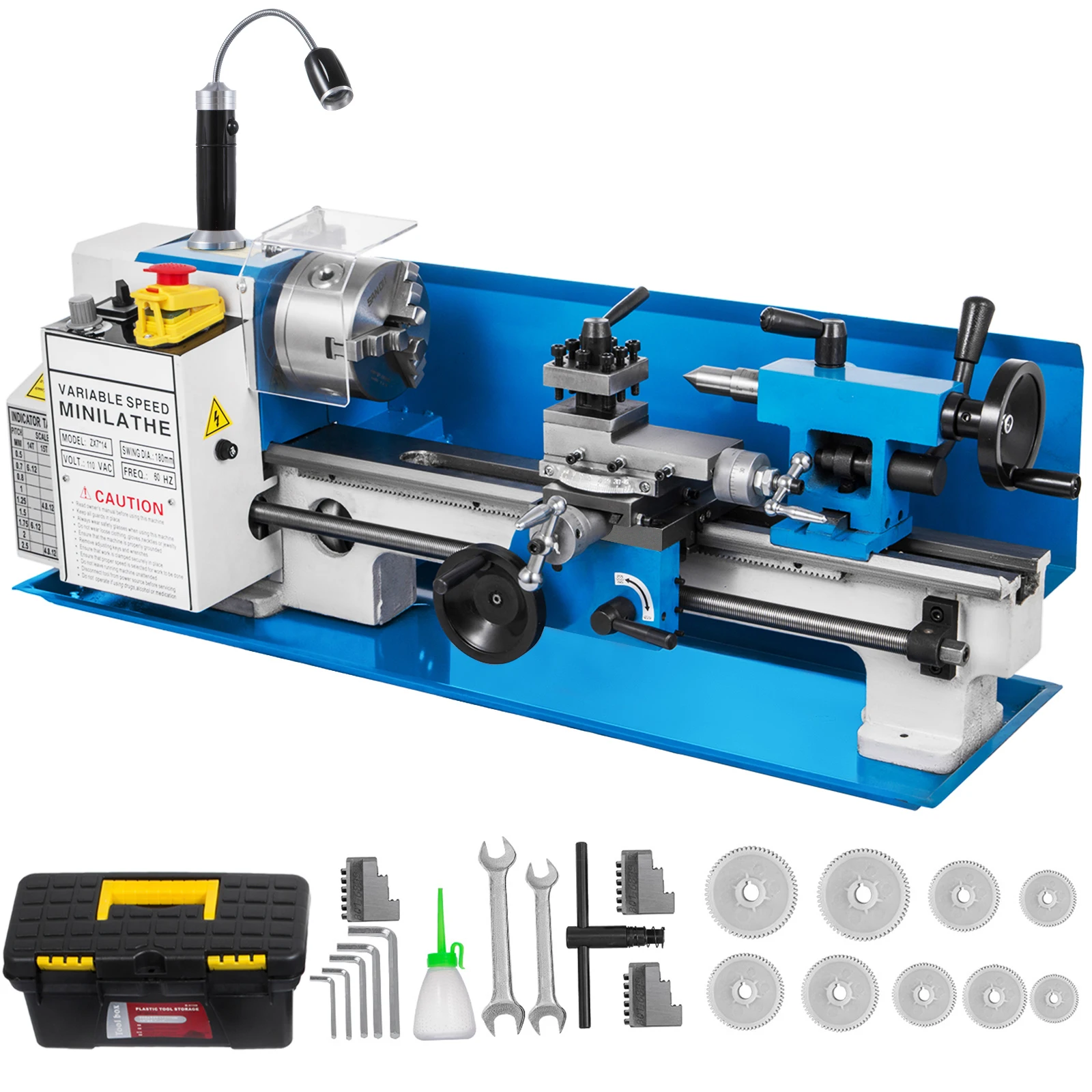 SucceBuy Mini Tokarka Metalowa 7"x14" 550W 180x350mm Z Regulacją Prędkości + Uchwyt Trójszczękowy do Obróbki Metalu Toczenia Wiercenia Gwintowania