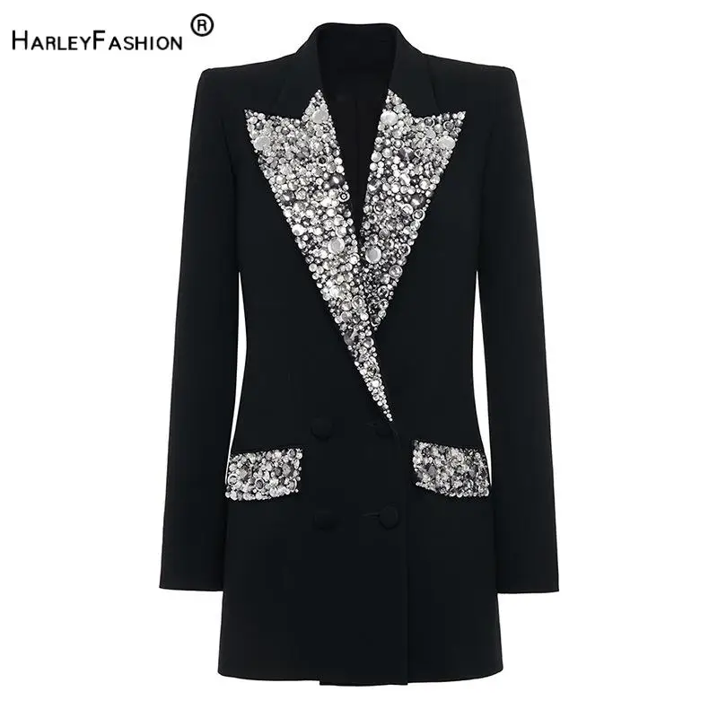 2024 Newest Fine Workmanship Shinny Rhinestone Lady Stylish Coat Women Notched Doublele-breasted Long Sleeve Solid Blazer Black