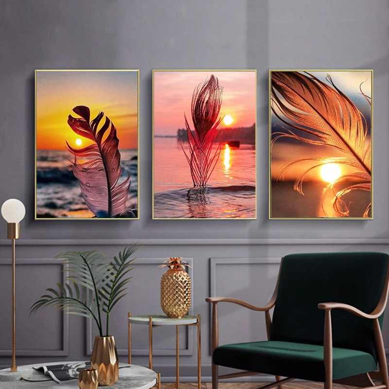 5D DIY Diamond Painting Feather Sunset Landscape Diamond Embroidery Mosaic Seaside Cross Stitch Kit Handicraft Home Decor Gift