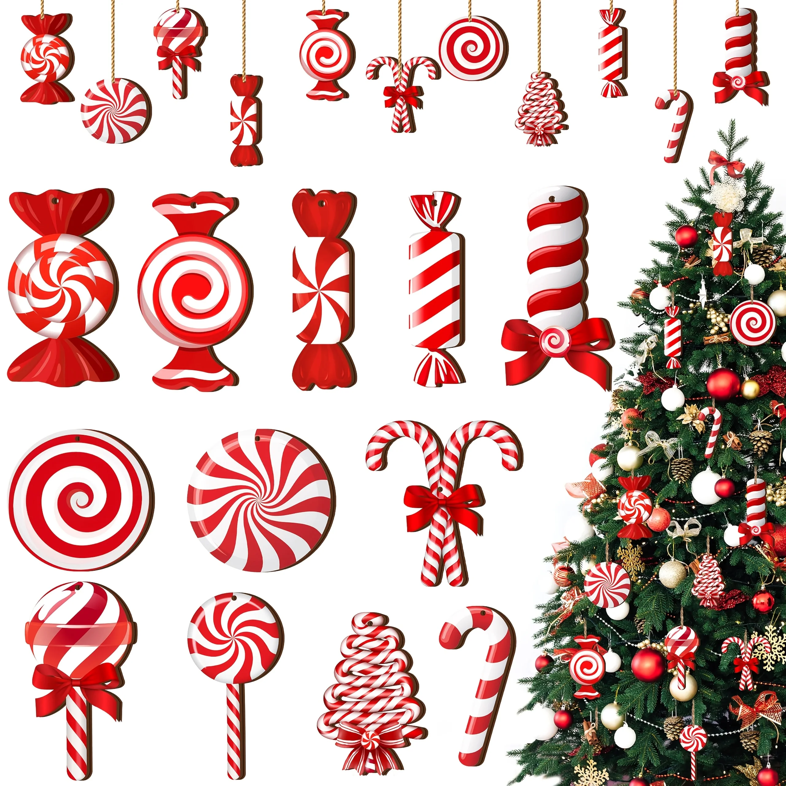 24/36 Stück Pfefferminz-Zuckerstangen-Ornamente aus Holz mit Juteseil - Rot-Weißer Muster, geeignet für Weihnachtsbaumdekorationen, Feiertage – Detail 1