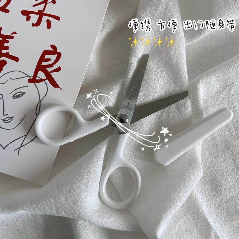 

White portable hand scissors Stainless steel art safety scissors with lid Children's student scissors DIY Handwork Stationery