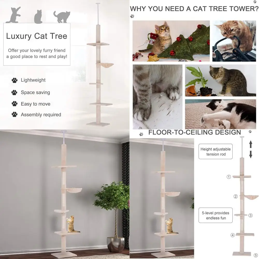 

5-Level Beige PawHut Cat Tree with Adjustable Height, Scratching Posts, and Hammock