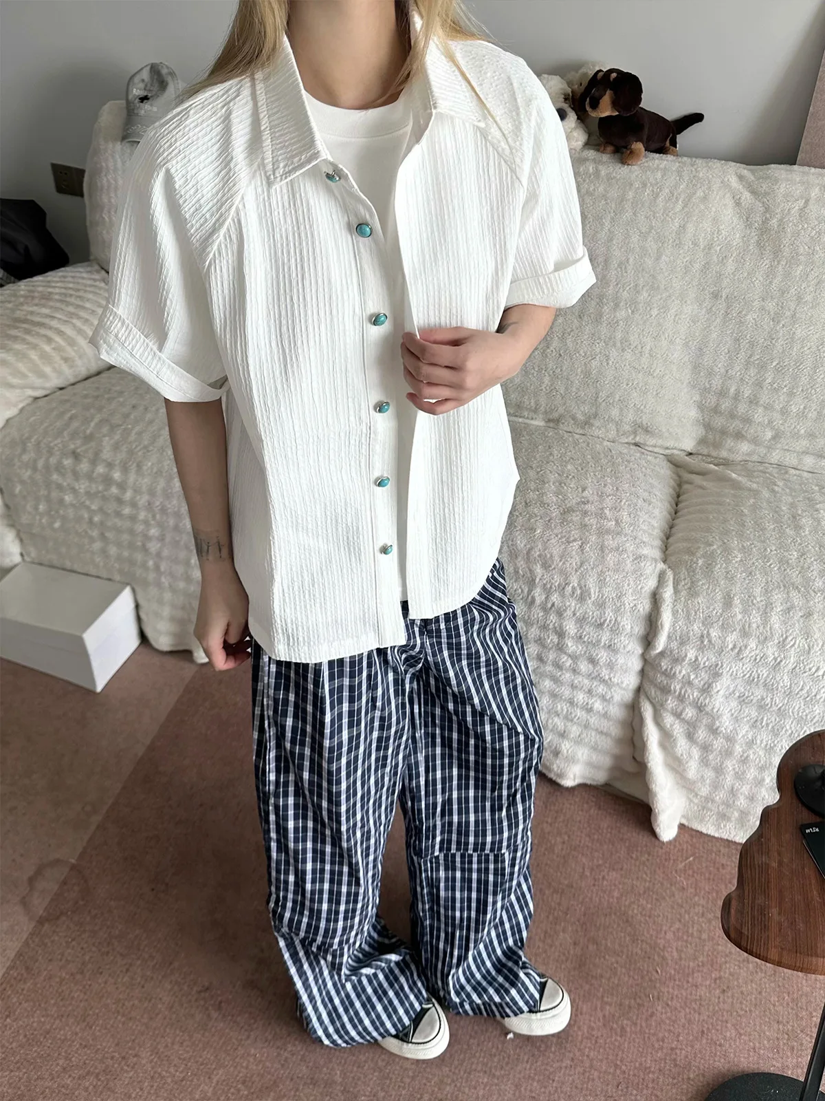 men's shirts Short sleeved shirt with turquoise buttons cool and breathable shirt Men's clothing