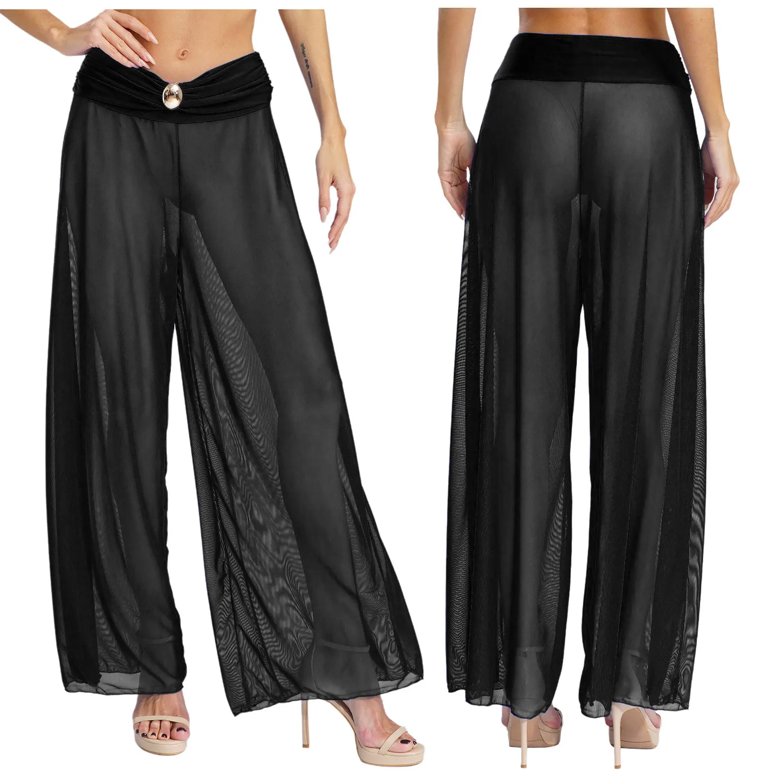 

Women Sheer Mesh See Through Wide Leg Pants Long Loose Sun Protection Mesh Pants for Bikini Cover Up Beachwear Sexy Travel Pants