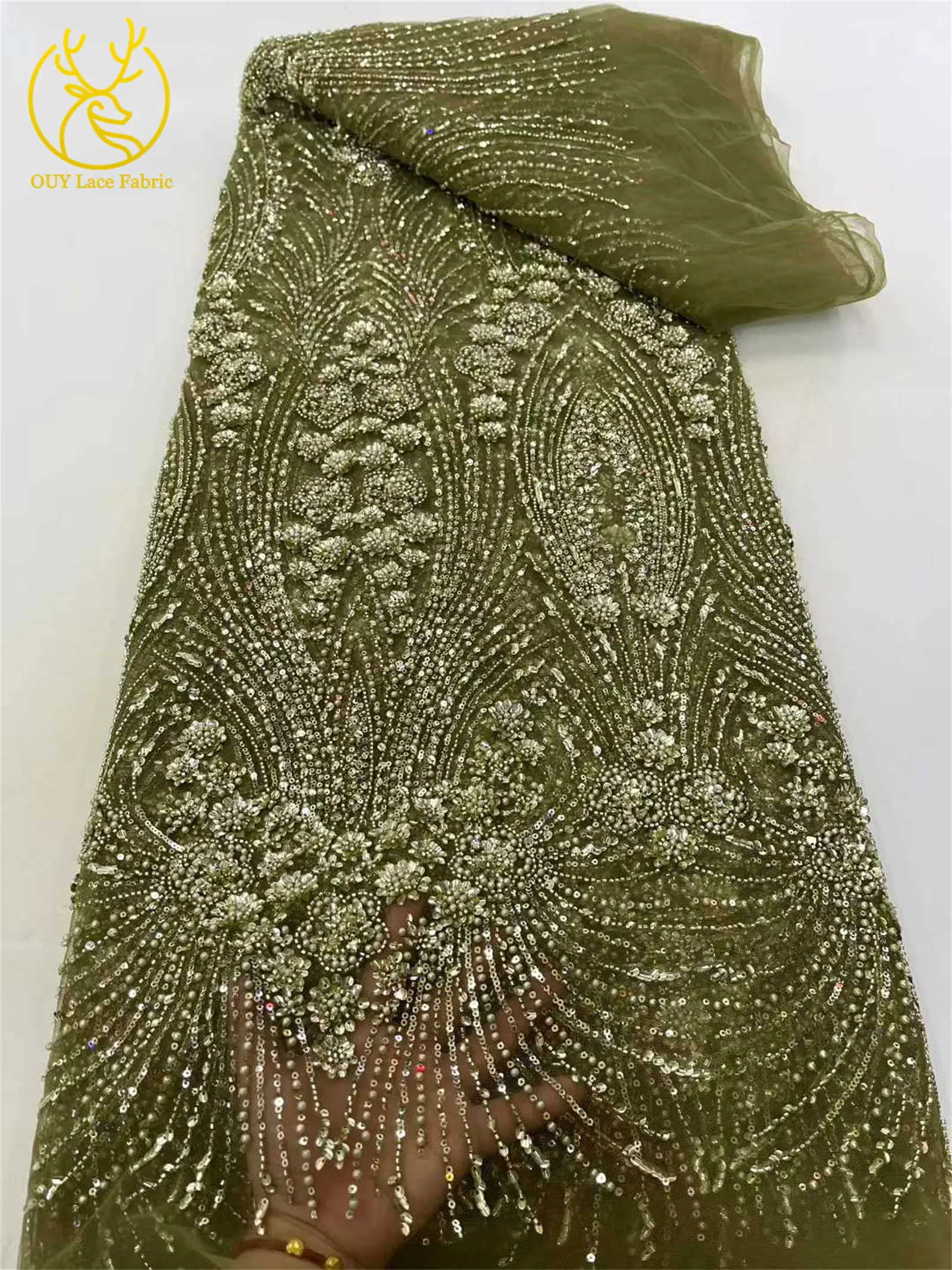 Luxury African Beaded Lace Fabric 2025 Gold Luxury French Nigerian Sequins Mesh Tulle Lace Fabric Wedding Party Dress 5 Yards