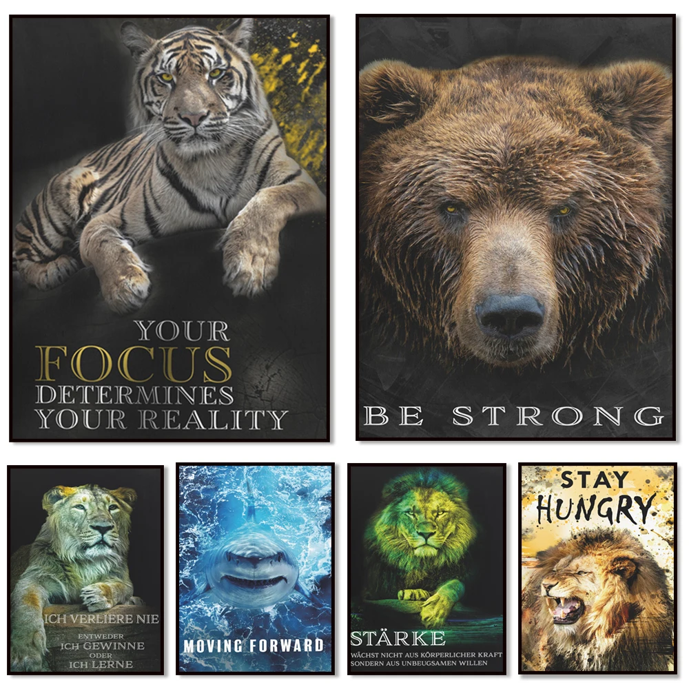 Inspirational Pictures-Leopard Target, Leopard Fearless, Grateful Hunger, Lioness Victory Inspirational Animal Decoration Poster