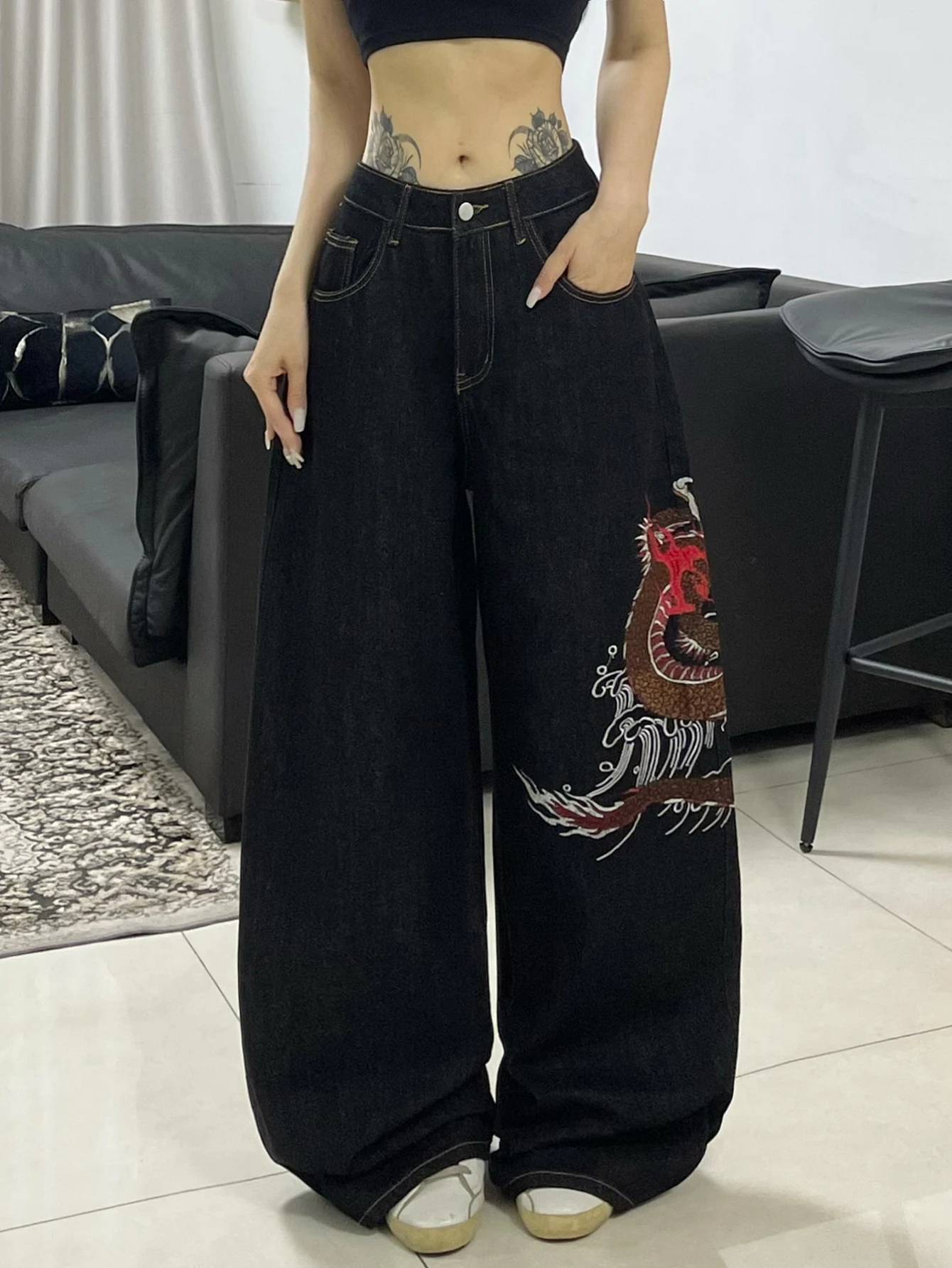 1PC High Street Heavy Industry Dragon Pattern Embroidery Loose Jeans for Women, Retro Fashion Versatile Black Wide Leg Pants
