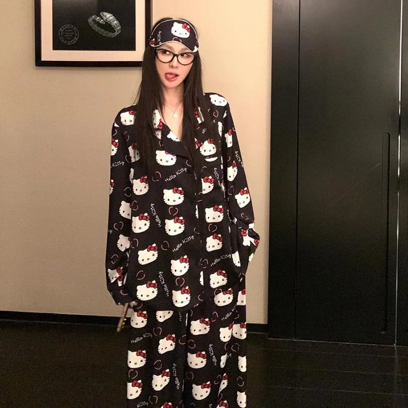 

Hello Kitty Cute Girls' Pajamas, Long-sleeved Trousers, Korean Style Sweet Cartoon Home Clothes Two-piece Set, Free Eye Mask