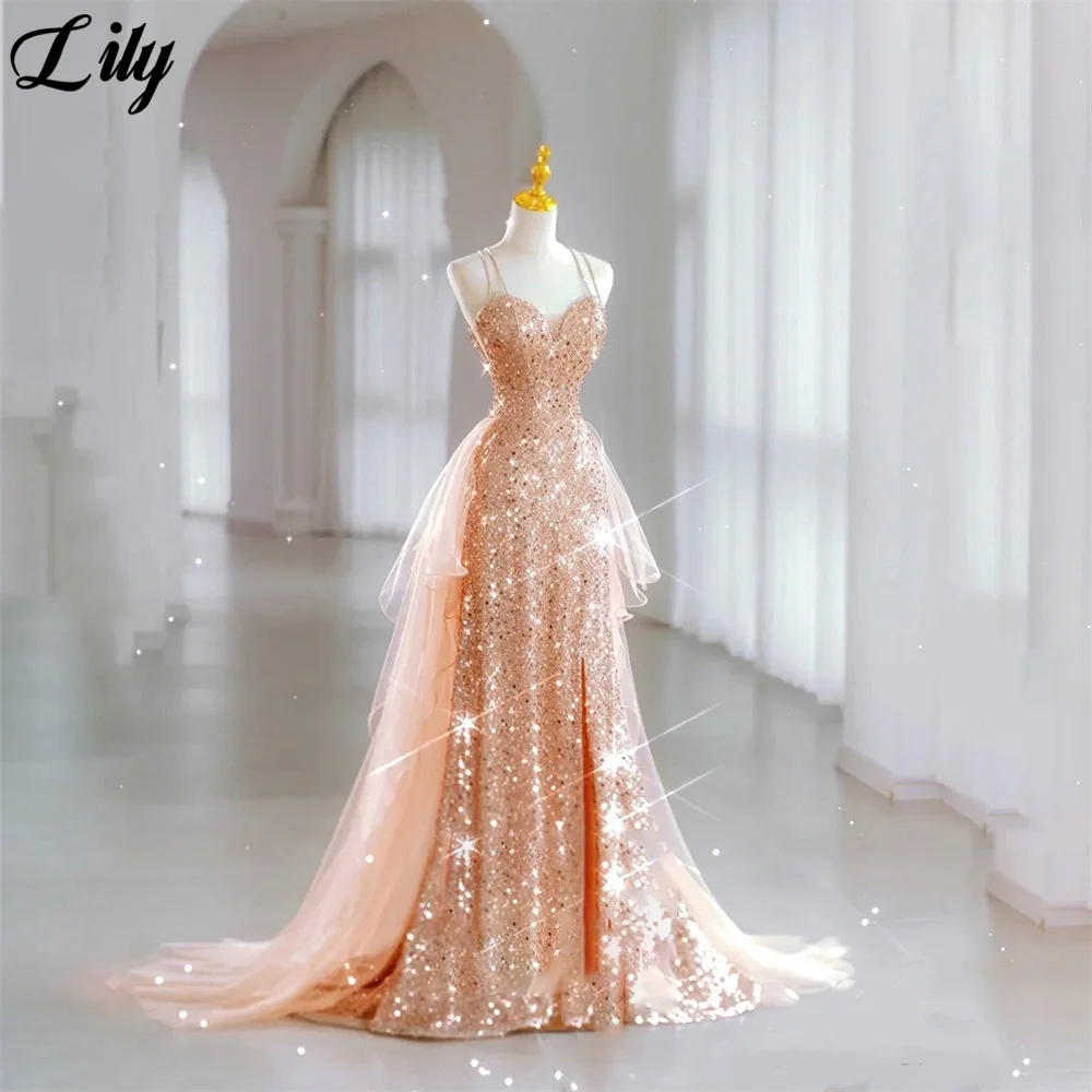 Lily Rose Gold Sequin Evening Dresses Lace Up Back Charming Prom Dress Spaghetti Strap V Neck Party Dresses vestidos de noche