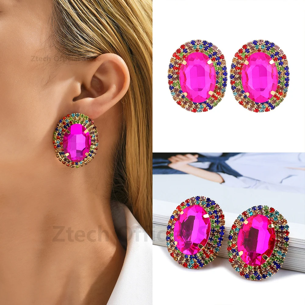 New Elegant Oval Shiny Crystal Big Stud Earrings For Women Luxury Popular Female Fashion Ear Accessories Statement Charm Jewelry