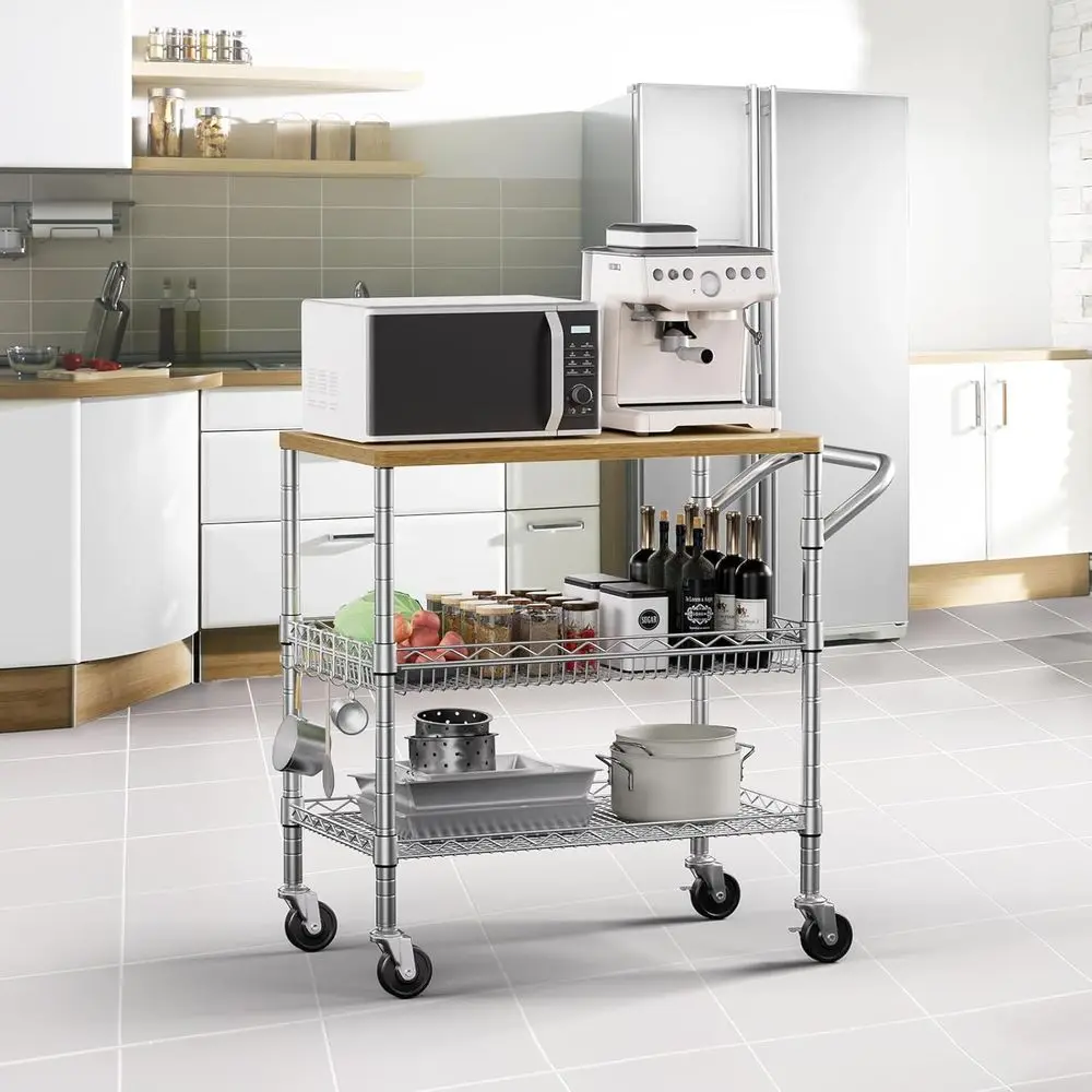 Durable 3-Tier Rolling Kitchen Cart with Wood Top and 650Lbs Capacity