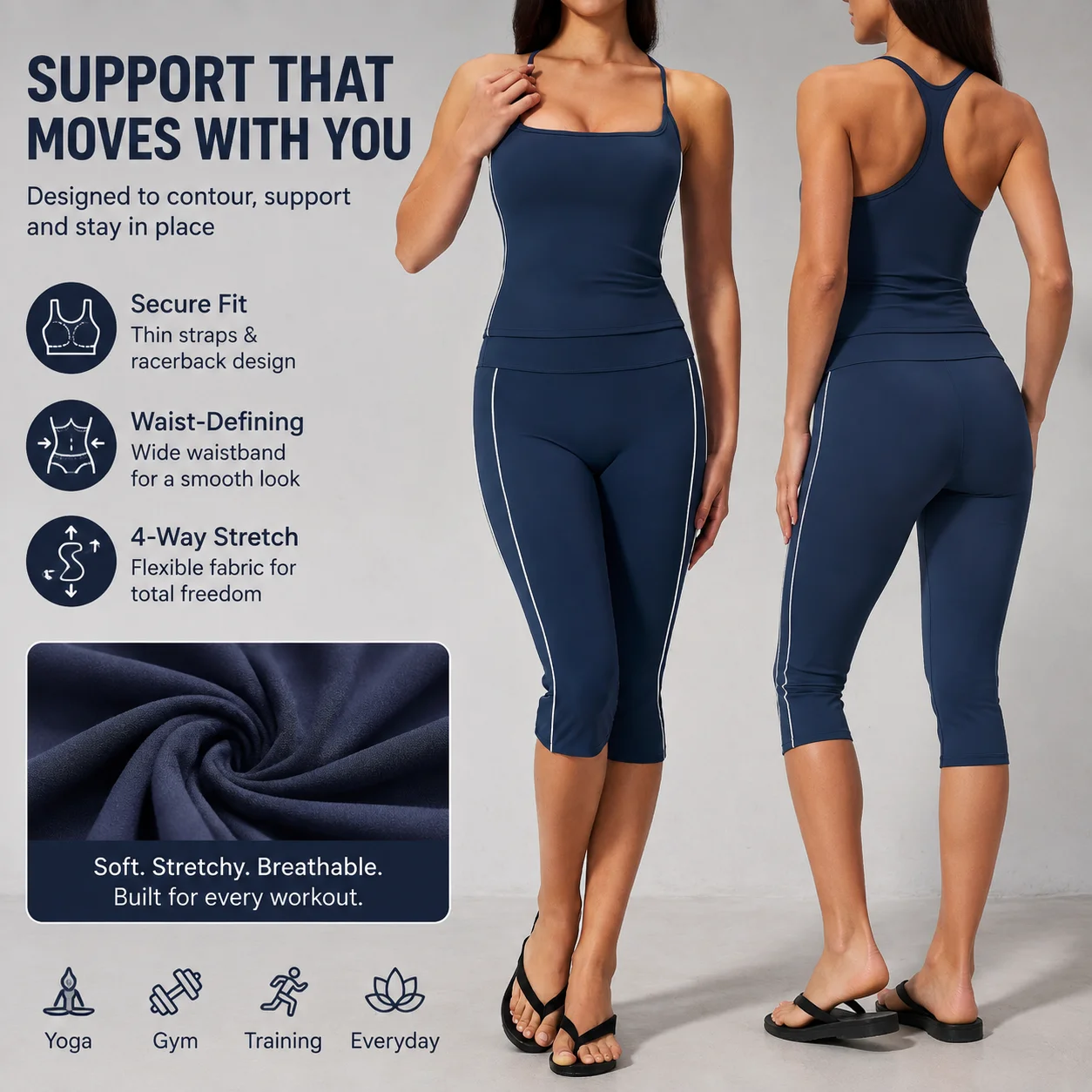 Women Two Piece Yoga Set Camisole Tank Top Capri Leggings High Waist Contrast Piping Workout Gym Athletic Outfit