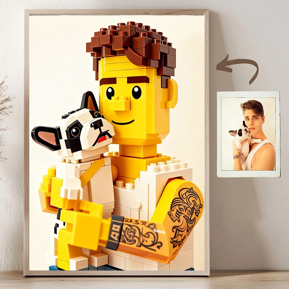 Custom Cartoon Building Block Style Portrait From Photo Personalized Cartoon Gift for Couples Family Kids Unique Wall Art Poster