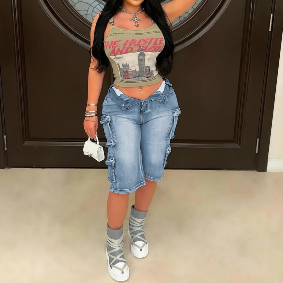 Denim Women Pant Half Length Mom Jeans Wide Leg Pants High Waist Straight Trousers Y2k Streetwear Pocket Splice Casual Loose