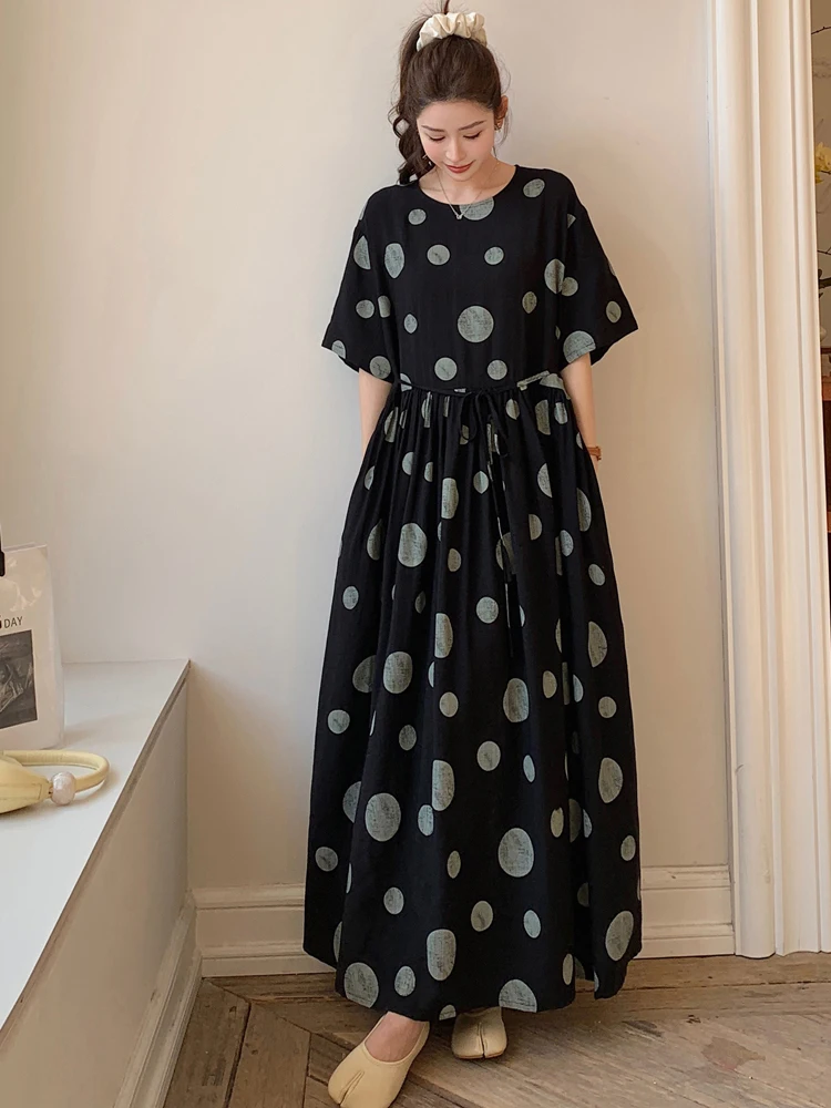 NYFS 2025 فستان نسائي صيفي عتيق فضفاض مقاس كبير بأكمام قصيرة وطباعة نقط فستان طويل رداء Elbise #3
