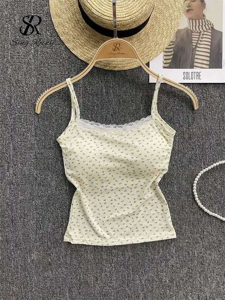 

BabYoung 2024 Floral Print Camis Ladies Strap Bow Lace Crop Summer American Retro Backless Sexy Beach Tank Top