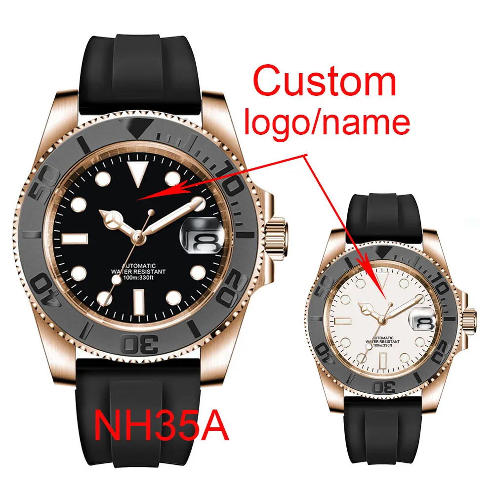 Custom Fashion Japan 24 Jewels NH35 40mm Rose Gold Watch Case Automatic Men\'s Watch Miyota YM Brushed Ceremic Bezel Rubber Band