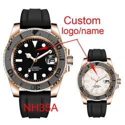 Custom Fashion Japan 24 Jewels NH35 40mm Rose Gold Watch Case Automatic Men's Watch Miyota YM Brushed Ceremic Bezel Rubber Band