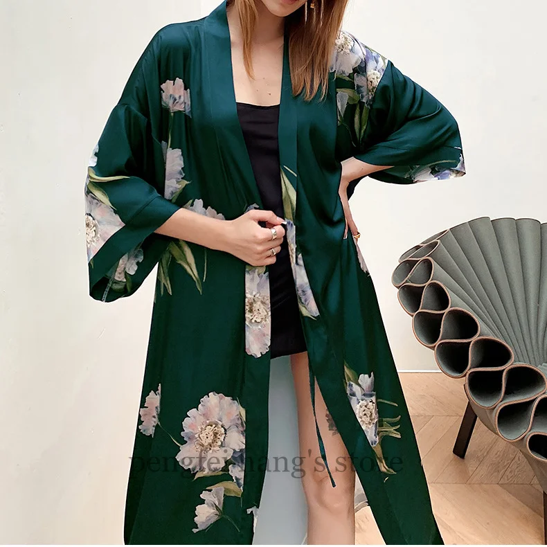 Blue Crane Robe Lady Leisure Kimono Bathrobe Gown Satin Sleepwear Nightwear Print Intimate Lingerie Nightgown Women Loungewear