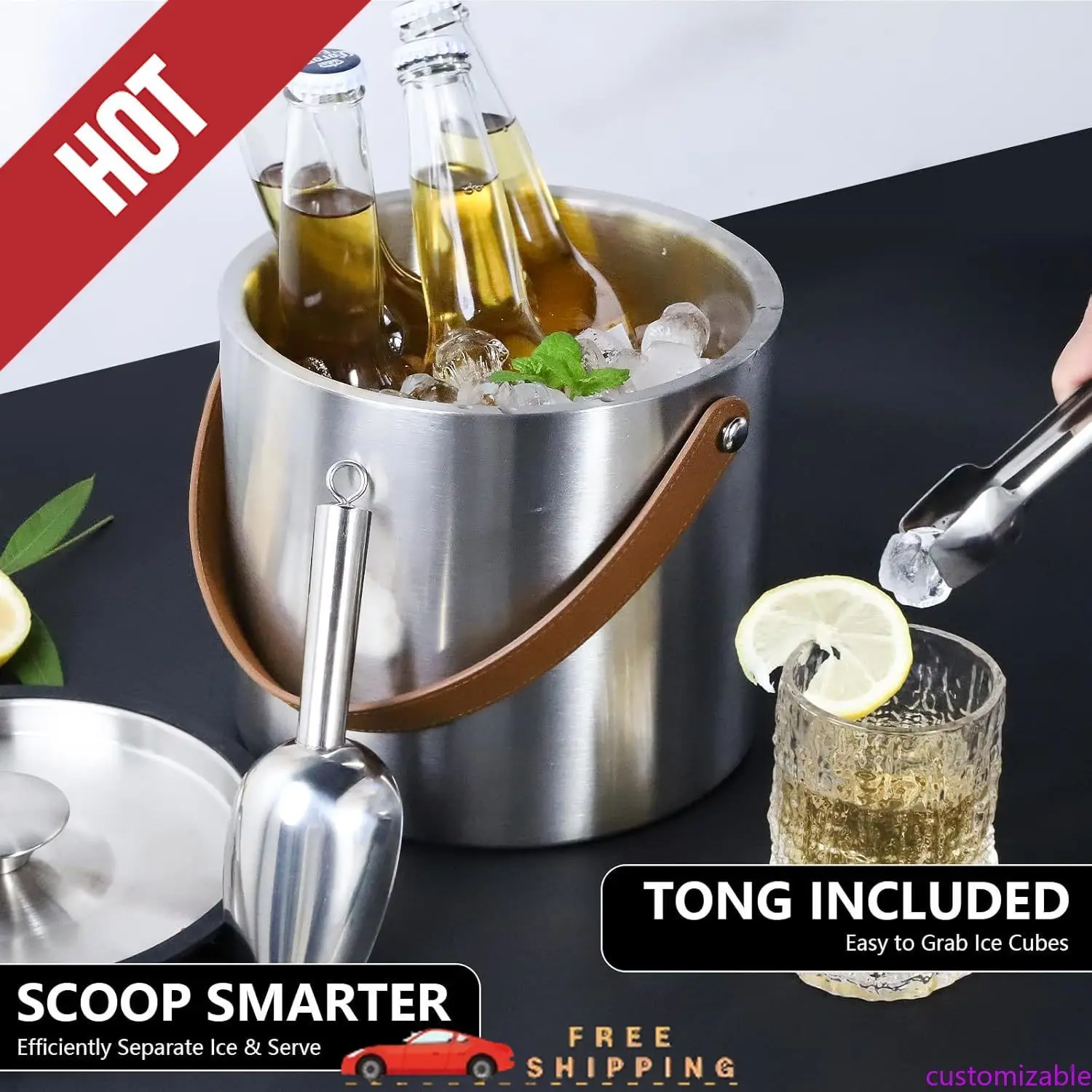 

Customizable 4L Ice Bucket with Lid, Scoop,Tongs & Strainer, Stainless Steel Double Wall Insulated Ice Buckets for Parties & Coc