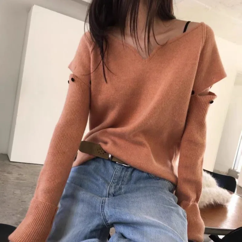 

Korean Women V-Neck Sweater Premium Orange White Sweater