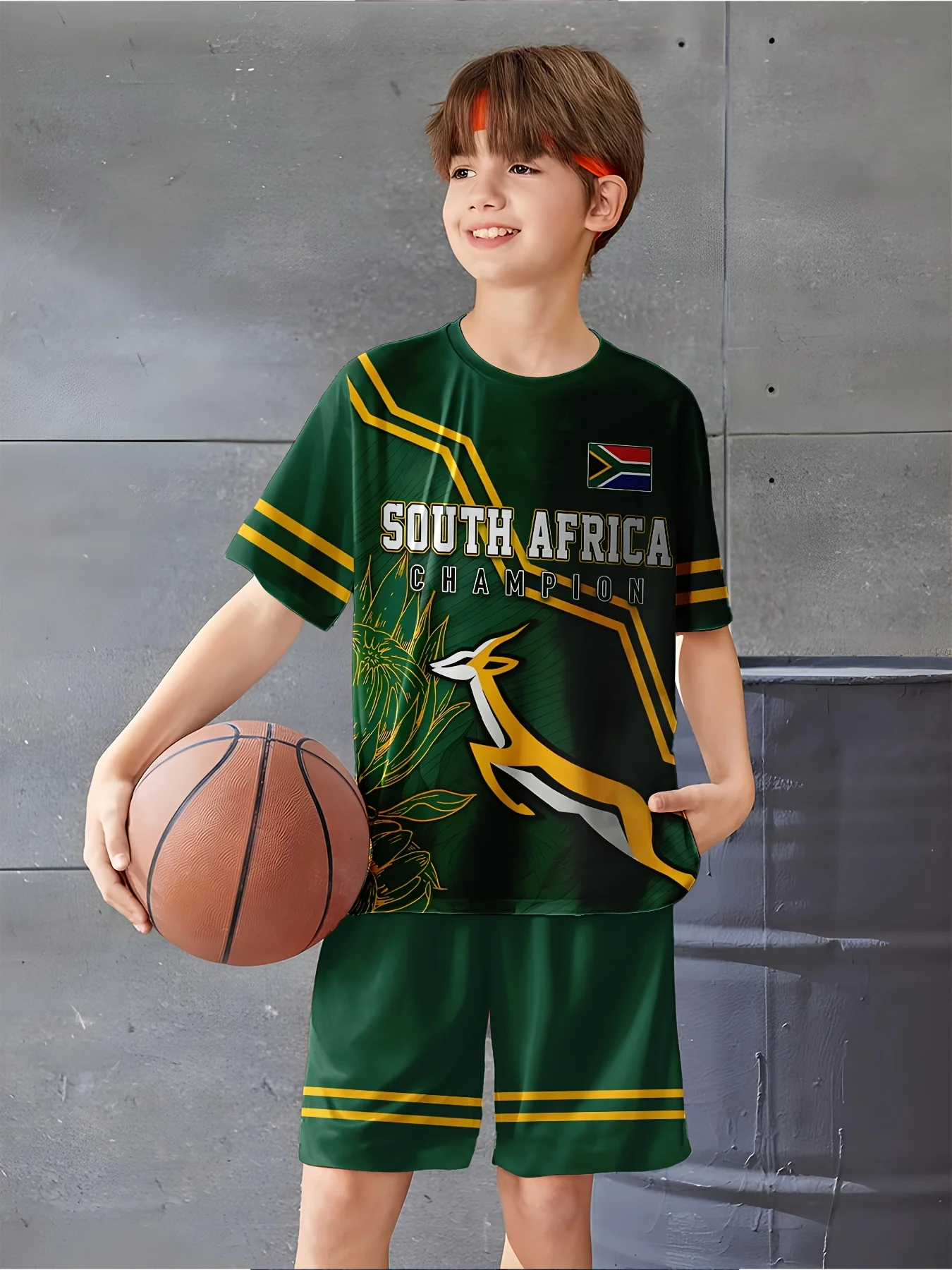 

Новый летний детский костюм 2025 года, Южная Африка, Новая Зеландия, регби, газель против полностью черного дышащего топа с 3D-принтом, полиэстер.