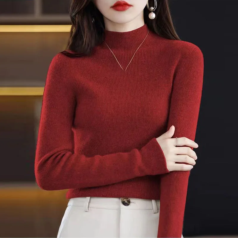 

Autumn Winter Women Slim Bottom Sweater Half High Collar Elegant Fashion Thick Pullover Sweater Female Warm Knit Woolen Sweater