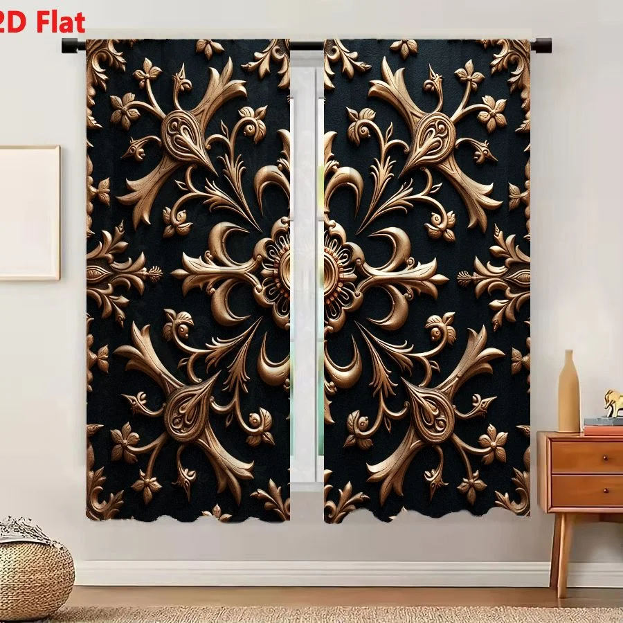 2Pcs Curtains Add 2D Flat Ornate Gold Baroque Medallion Pattern On Navy Blue Background For Wall Panel Ceiling Or Textile Window