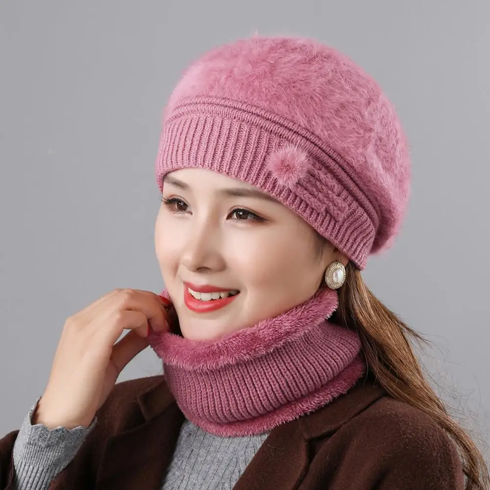 2Pcs/Set Winter Knitted Hat Faux Rabbit Fur Hat Scarf Set Autumn Winter Women Knitted Fleece Lining Beret Cap Neckerchief Set